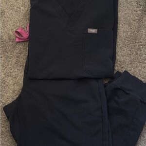 Figs Women's Black Scrub Set with Pink Tie